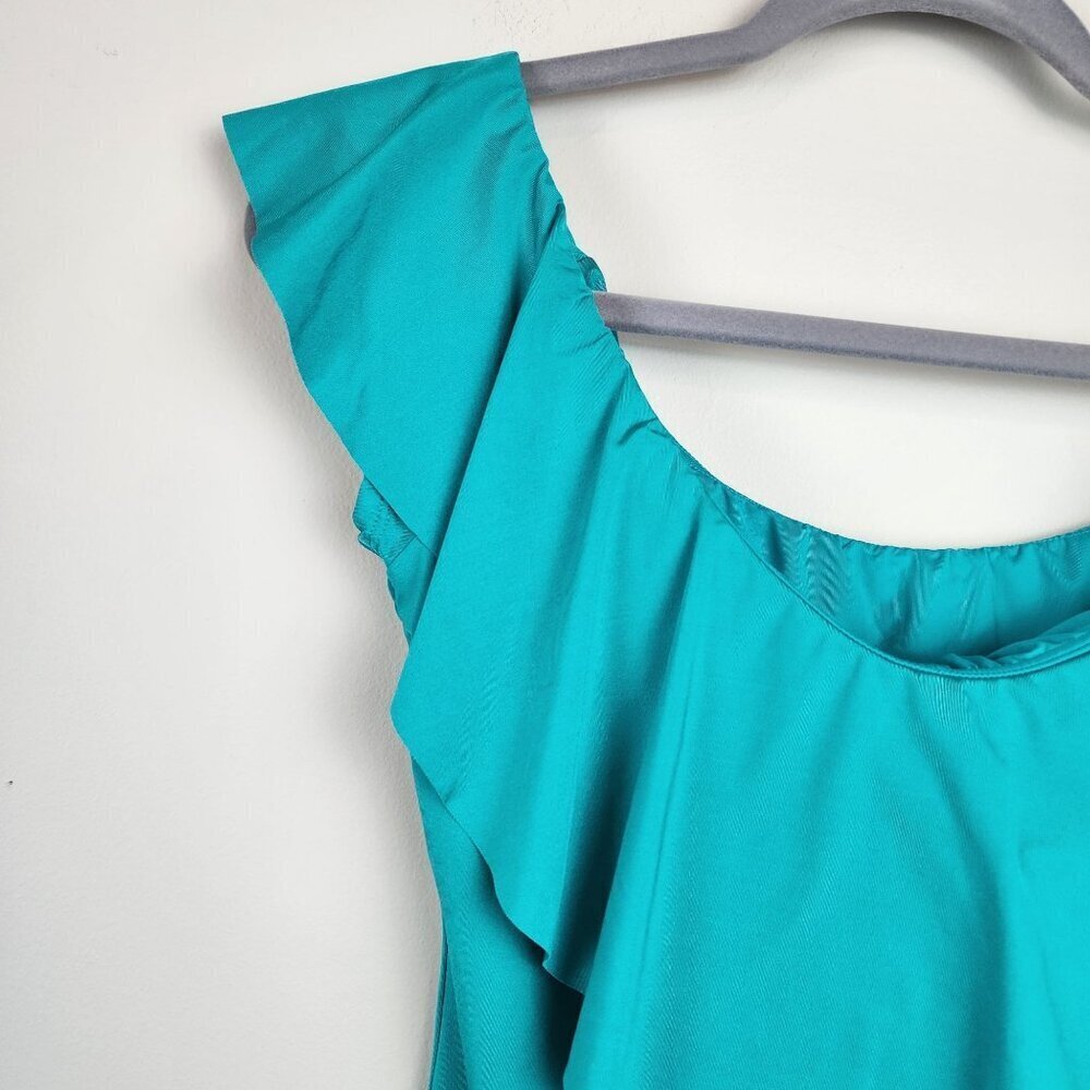 New Trina Turk sz 12 women off shoulder ruffle swimsuit turquoise - Picture 4 of 14